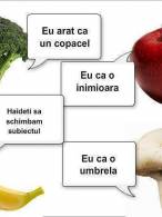 Două fructe şi două  legume stând de vorbă - poza demo