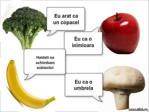 Două fructe şi două  legume stând de vorbă poze haioase